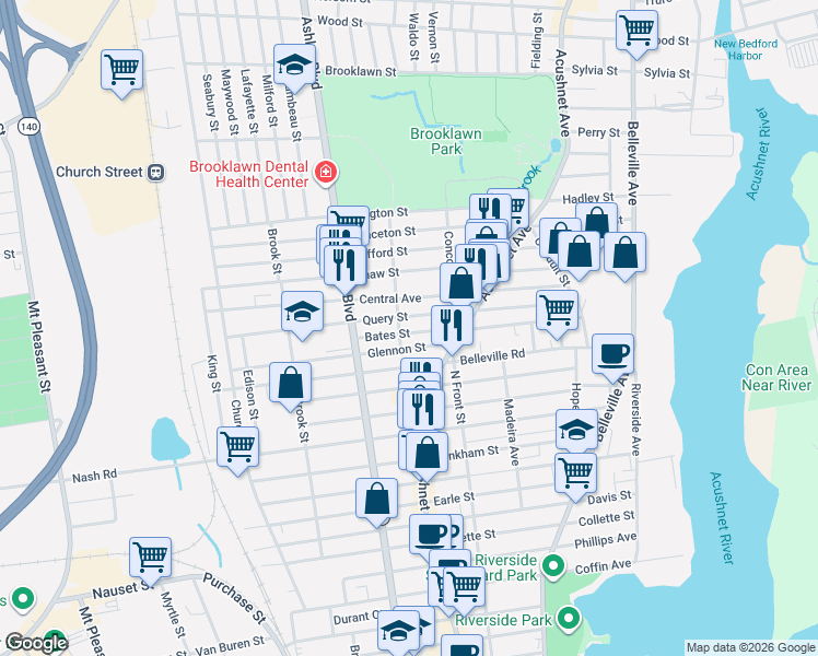 map of restaurants, bars, coffee shops, grocery stores, and more near 160 Query Street in New Bedford