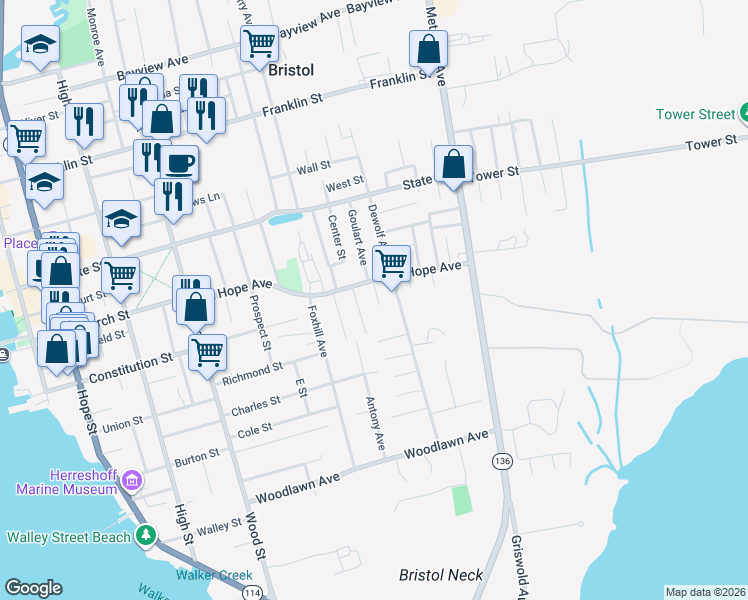 map of restaurants, bars, coffee shops, grocery stores, and more near 79 Dewolf Avenue in Bristol