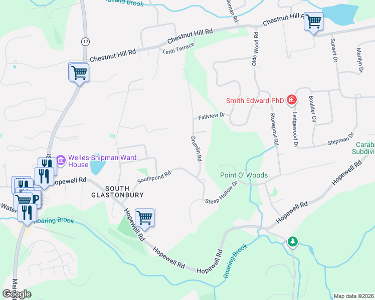map of restaurants, bars, coffee shops, grocery stores, and more near 57 Drumlin Road in Glastonbury