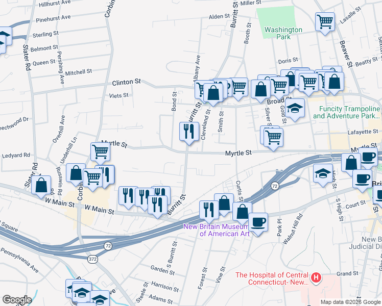 map of restaurants, bars, coffee shops, grocery stores, and more near 495 Myrtle Street in New Britain