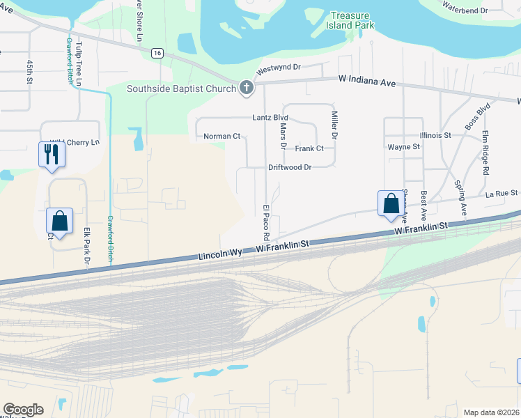 map of restaurants, bars, coffee shops, grocery stores, and more near 56701-58899 Spruce Lane in Elkhart