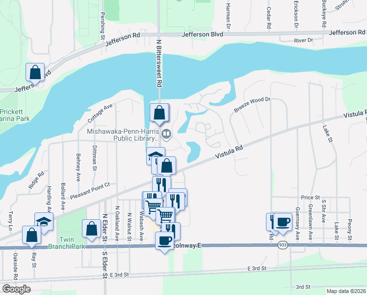 map of restaurants, bars, coffee shops, grocery stores, and more near 432-498 Rivers Edge Court in Mishawaka