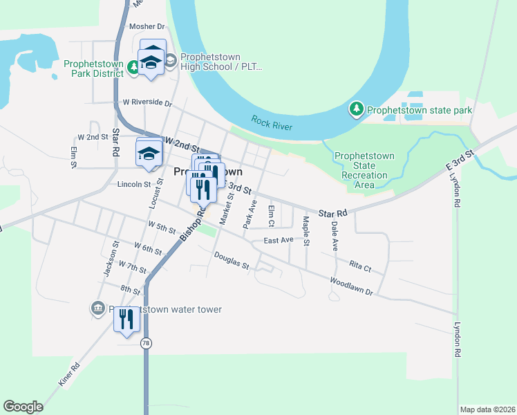 map of restaurants, bars, coffee shops, grocery stores, and more near 4 Elm Court in Prophetstown