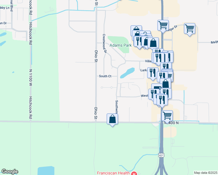 map of restaurants, bars, coffee shops, grocery stores, and more near Pinetree Court in Michigan City