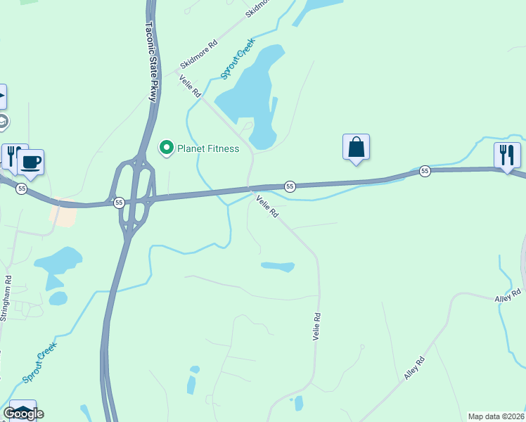 map of restaurants, bars, coffee shops, grocery stores, and more near 93 Velie Road in Lagrangeville