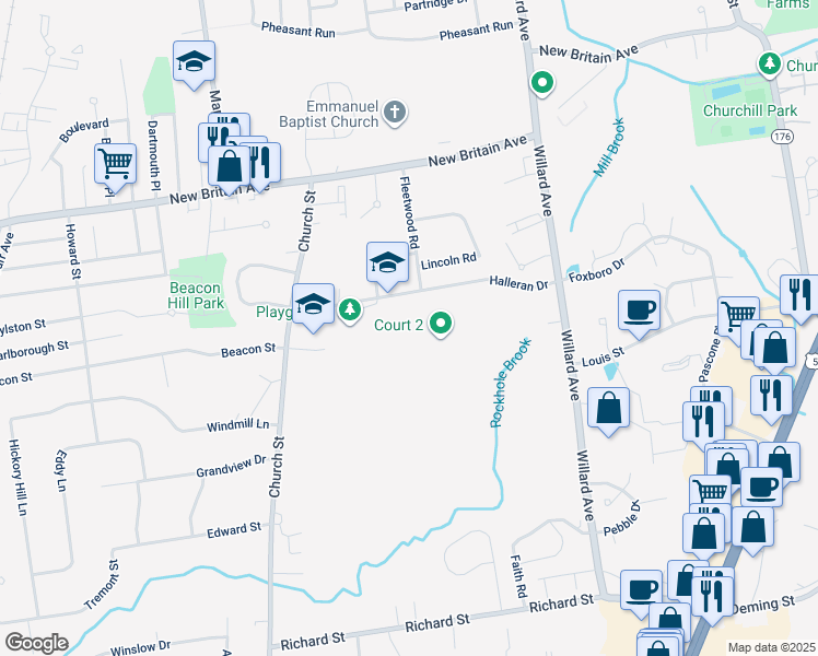 map of restaurants, bars, coffee shops, grocery stores, and more near 71 Halleran Drive in Newington