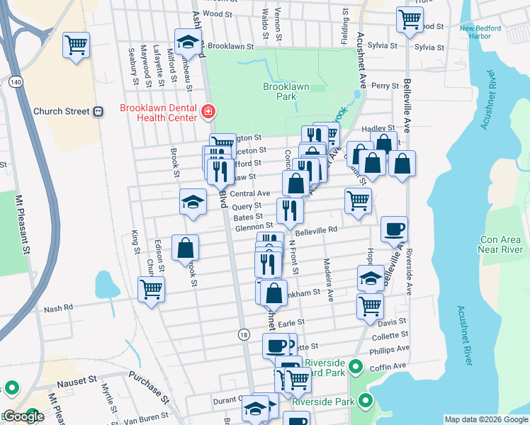 map of restaurants, bars, coffee shops, grocery stores, and more near 160 Query Street in New Bedford