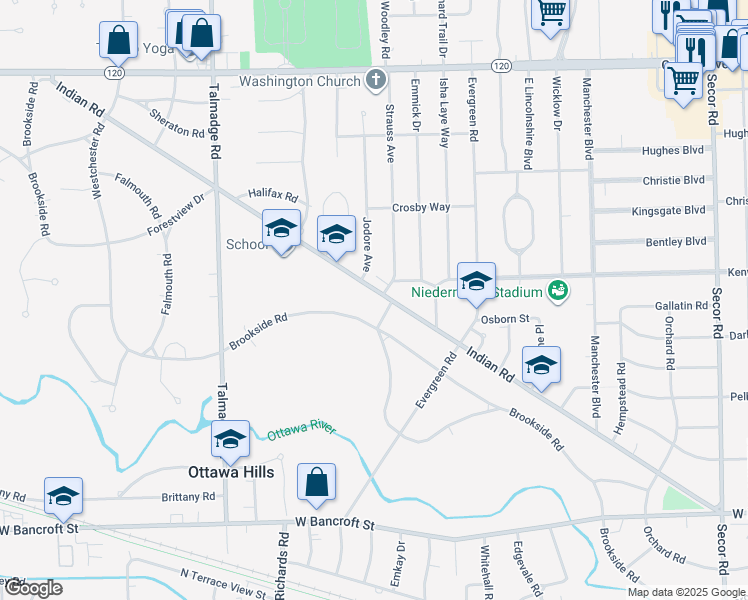 map of restaurants, bars, coffee shops, grocery stores, and more near 3915 Indian Road in Toledo