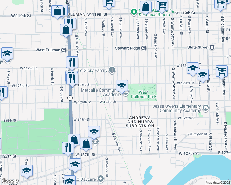 map of restaurants, bars, coffee shops, grocery stores, and more near 12318 South Parnell Avenue in Chicago