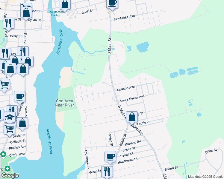 map of restaurants, bars, coffee shops, grocery stores, and more near 55 South Main Street in Acushnet