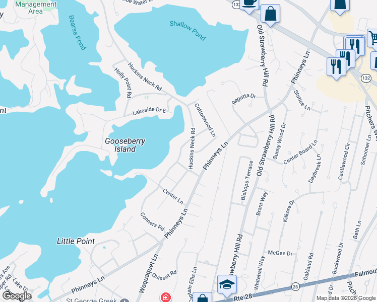 map of restaurants, bars, coffee shops, grocery stores, and more near 65 Huckins Neck Road in Barnstable