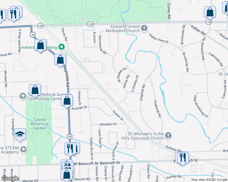 map of restaurants, bars, coffee shops, grocery stores, and more near 10 Stableside South in Toledo