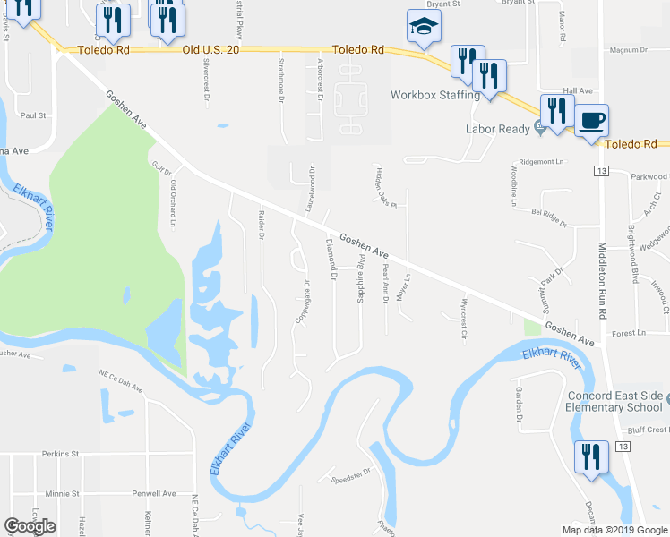 map of restaurants, bars, coffee shops, grocery stores, and more near 56586 Diamond Drive in Elkhart