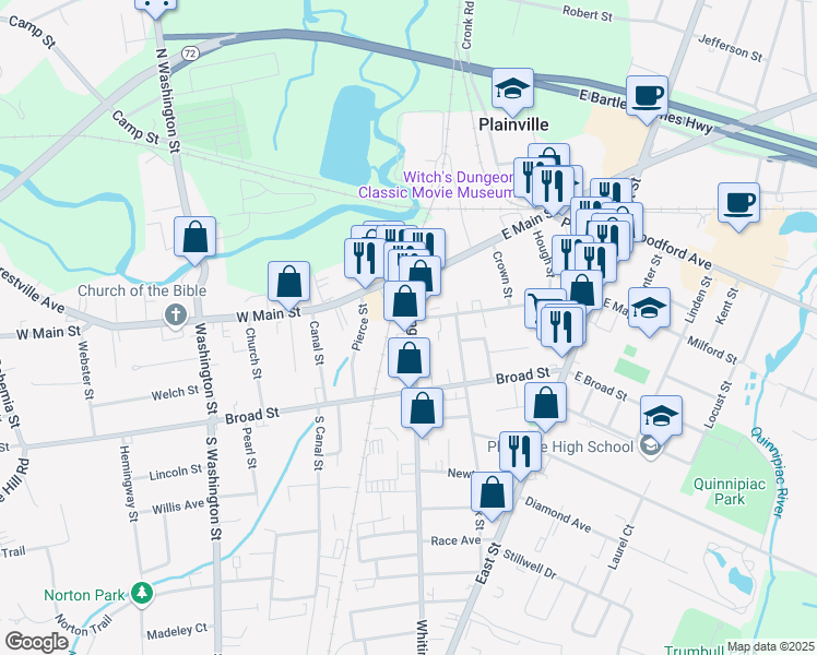 map of restaurants, bars, coffee shops, grocery stores, and more near 36 Whiting Street in Plainville