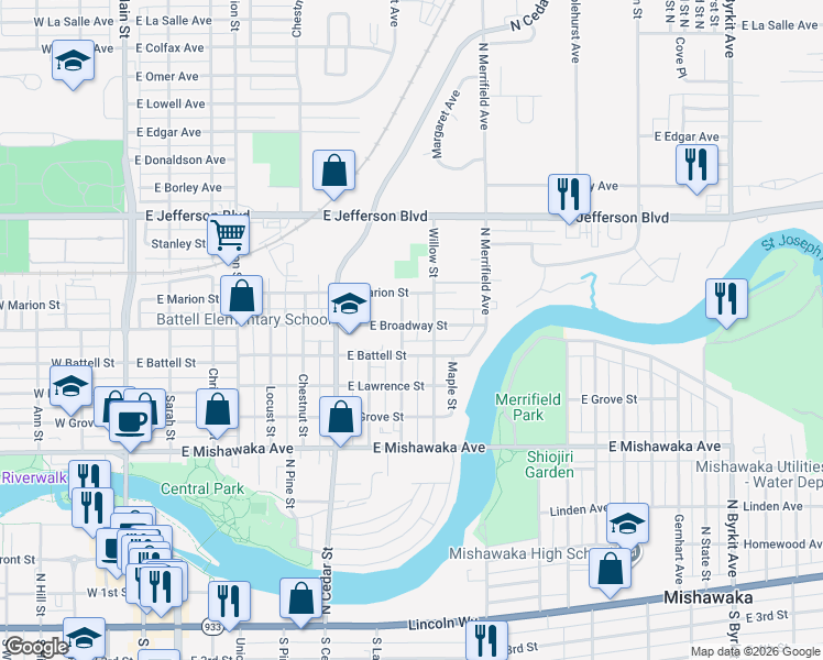 map of restaurants, bars, coffee shops, grocery stores, and more near 1002 Oak Street in Mishawaka