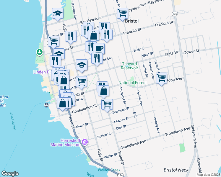 map of restaurants, bars, coffee shops, grocery stores, and more near 24 Mount Hope Avenue in Bristol