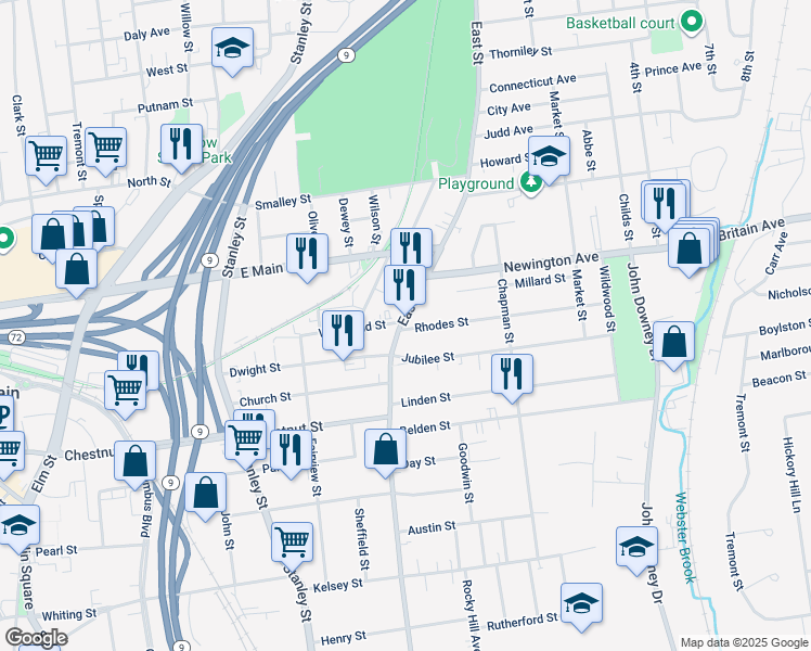 map of restaurants, bars, coffee shops, grocery stores, and more near 611 East Street in New Britain
