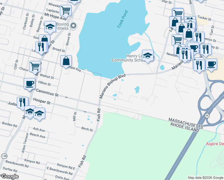 map of restaurants, bars, coffee shops, grocery stores, and more near 21 August Street in Fall River