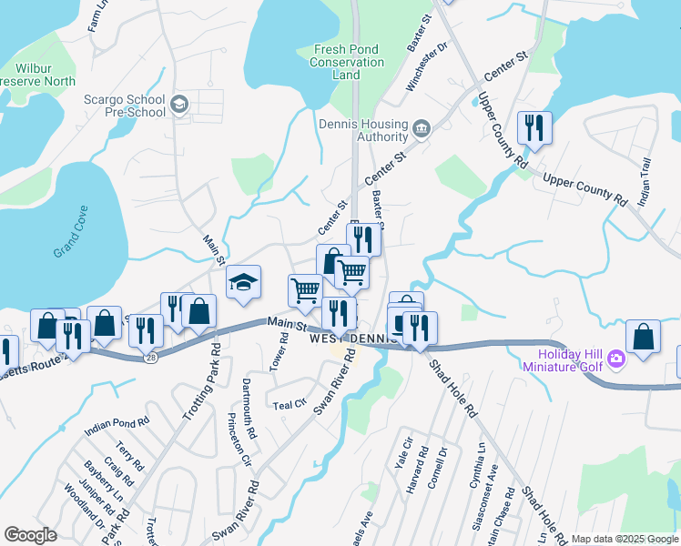 map of restaurants, bars, coffee shops, grocery stores, and more near 23 Maple Terrace in Dennis