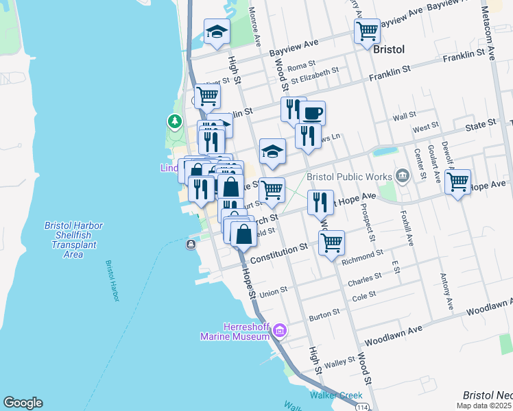 map of restaurants, bars, coffee shops, grocery stores, and more near 69 Court Street in Bristol