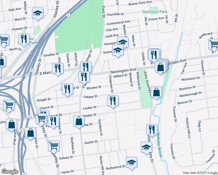 map of restaurants, bars, coffee shops, grocery stores, and more near 255 Chapman Street in New Britain