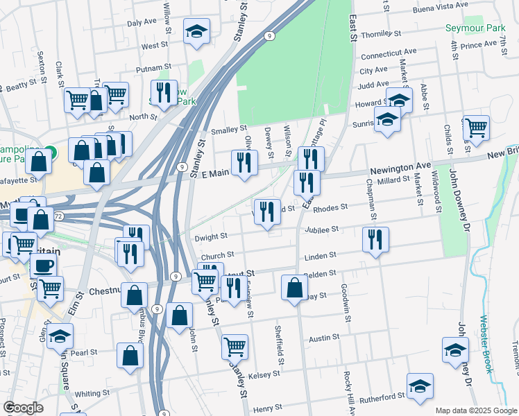 map of restaurants, bars, coffee shops, grocery stores, and more near 9 Yale Street in New Britain