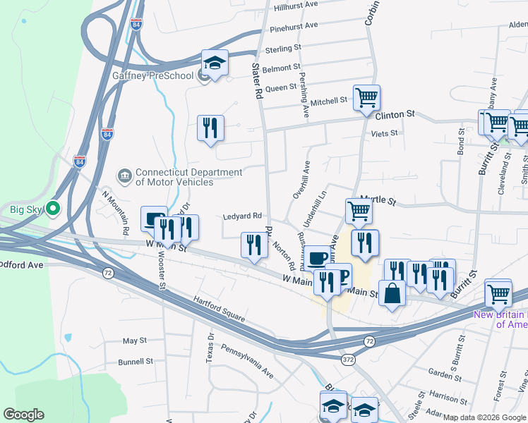 map of restaurants, bars, coffee shops, grocery stores, and more near 105 Slater Road in New Britain