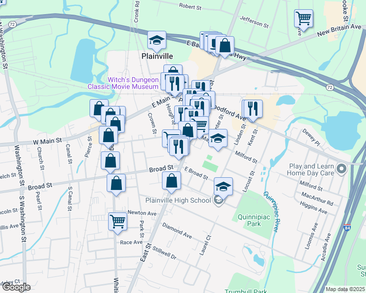 map of restaurants, bars, coffee shops, grocery stores, and more near 63 East Street in Plainville