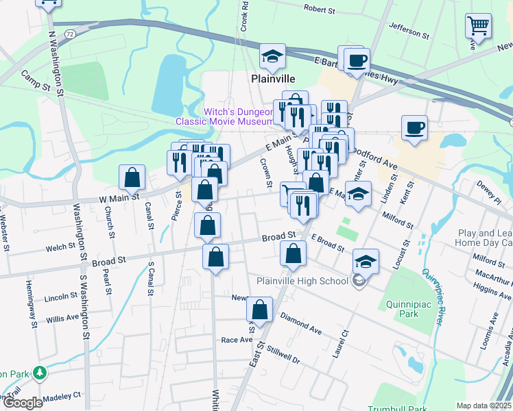 map of restaurants, bars, coffee shops, grocery stores, and more near 40 Maple Street in Plainville