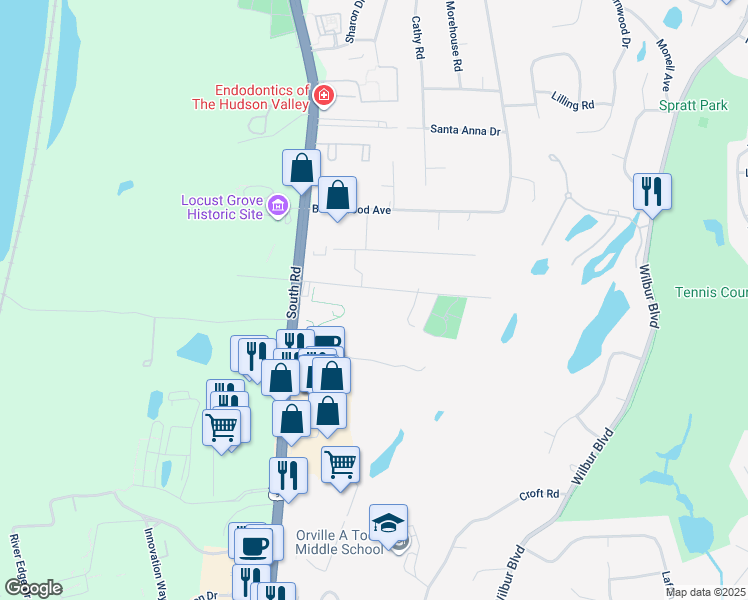 map of restaurants, bars, coffee shops, grocery stores, and more near 22 Evergreen Avenue in Poughkeepsie