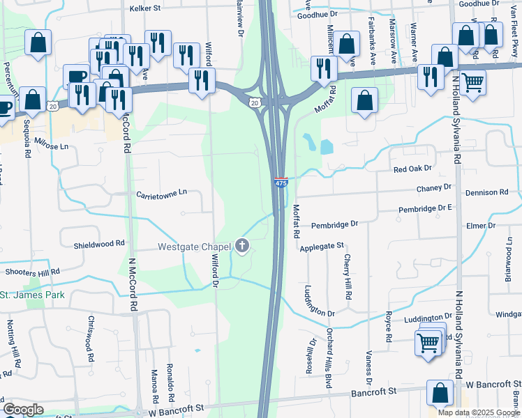 map of restaurants, bars, coffee shops, grocery stores, and more near in Toledo