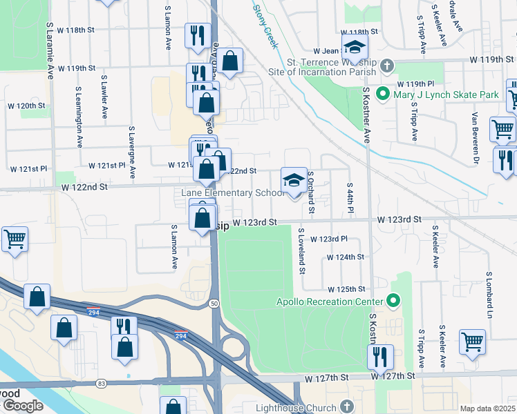 map of restaurants, bars, coffee shops, grocery stores, and more near 12242 South McDaniels Street in Alsip