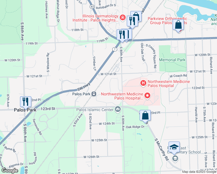 map of restaurants, bars, coffee shops, grocery stores, and more near 27 Brook Lane in Palos Park