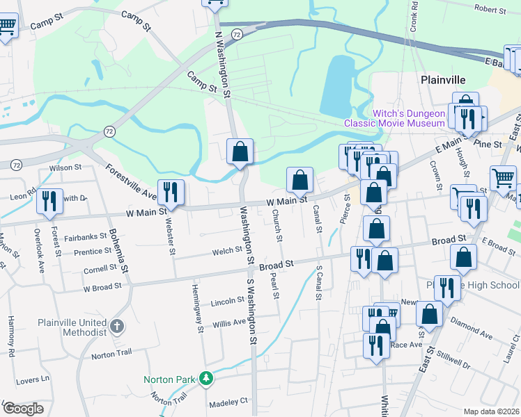 map of restaurants, bars, coffee shops, grocery stores, and more near 137 1/2 West Main Street in Plainville
