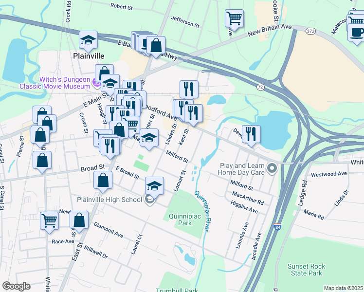 map of restaurants, bars, coffee shops, grocery stores, and more near 52 Kent Street in Plainville