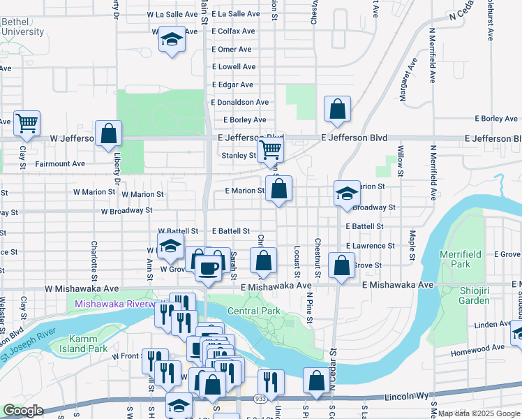 map of restaurants, bars, coffee shops, grocery stores, and more near 1001 Christyann Street in Mishawaka