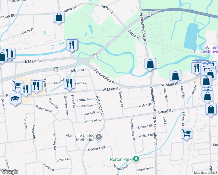 map of restaurants, bars, coffee shops, grocery stores, and more near 209 West Main Street in Plainville