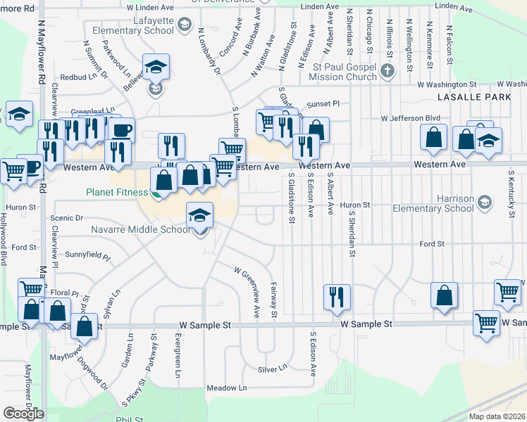 map of restaurants, bars, coffee shops, grocery stores, and more near 4408 Huron Street in South Bend