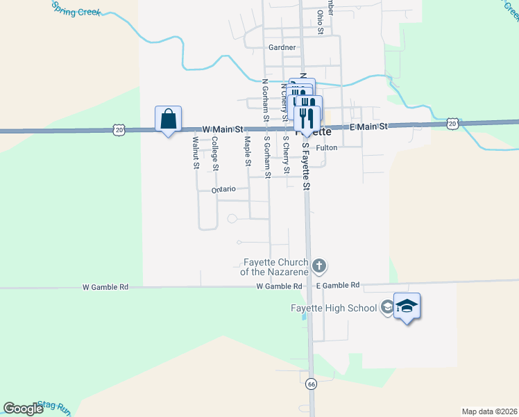 map of restaurants, bars, coffee shops, grocery stores, and more near 414 North Gorham Street in Fayette