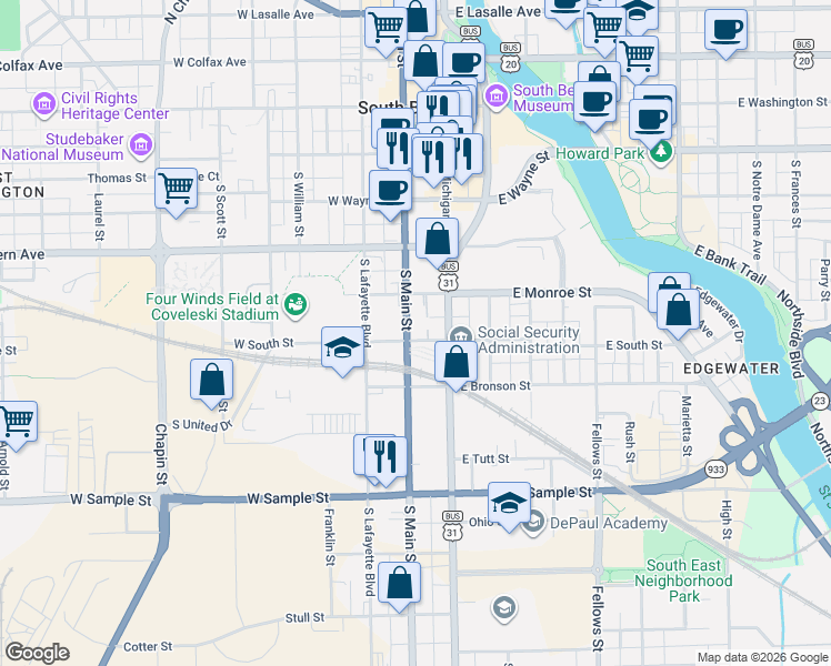 map of restaurants, bars, coffee shops, grocery stores, and more near in South Bend