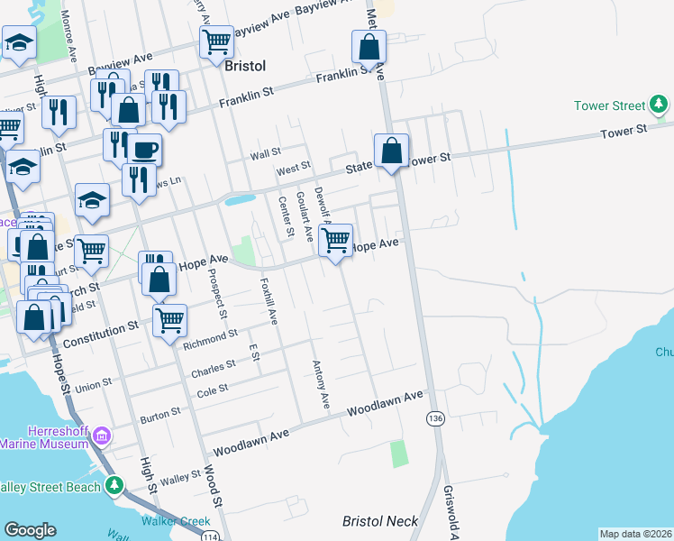 map of restaurants, bars, coffee shops, grocery stores, and more near 79 Dewolf Avenue in Bristol