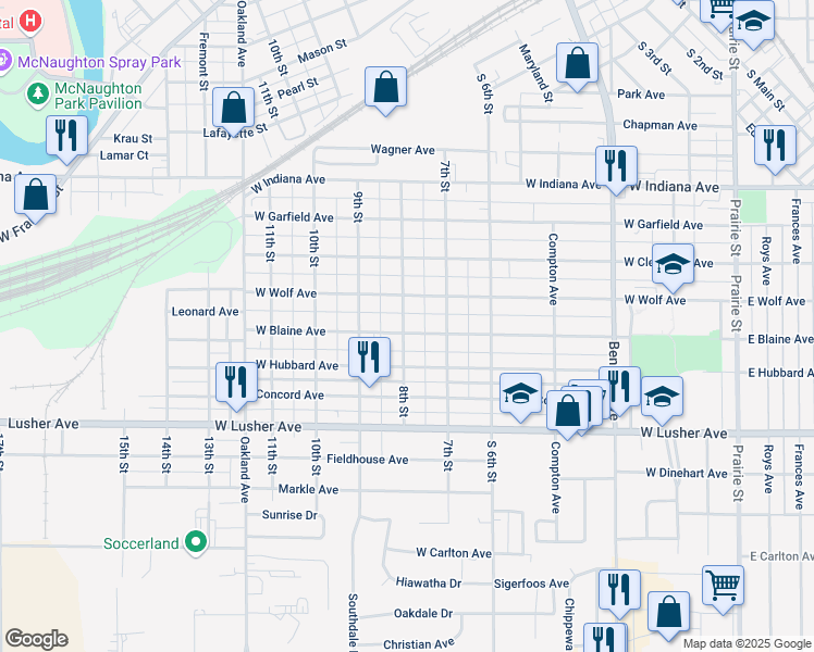 map of restaurants, bars, coffee shops, grocery stores, and more near 734 West Blaine Avenue in Elkhart