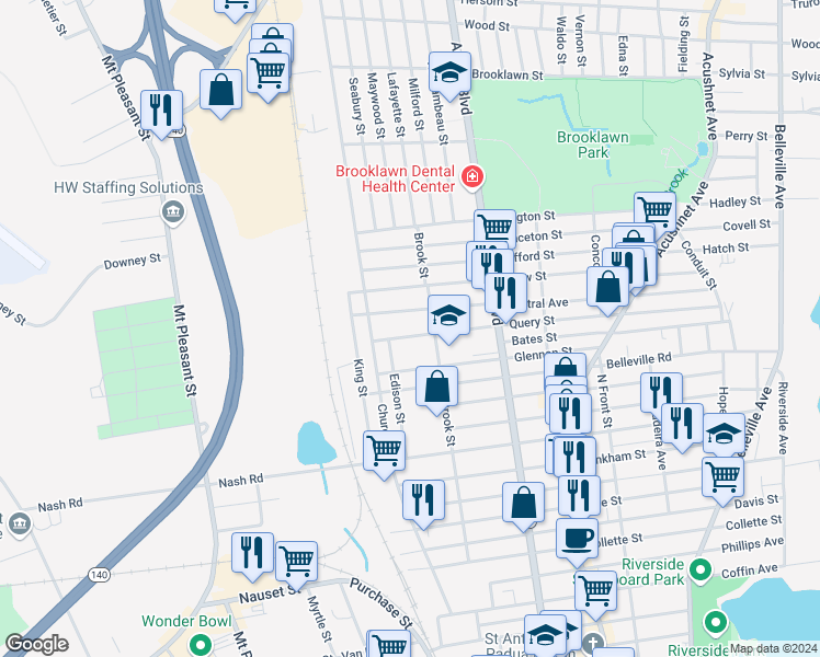 map of restaurants, bars, coffee shops, grocery stores, and more near 323-325 Query Street in New Bedford