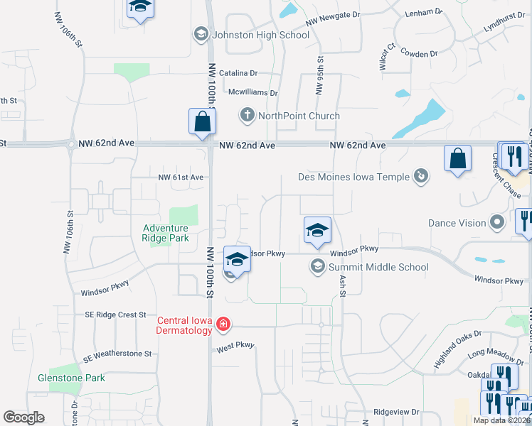 map of restaurants, bars, coffee shops, grocery stores, and more near 6012 Northwest 98th Street in Johnston