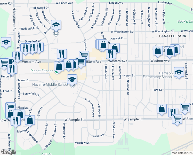 map of restaurants, bars, coffee shops, grocery stores, and more near 4408 Huron Street in South Bend