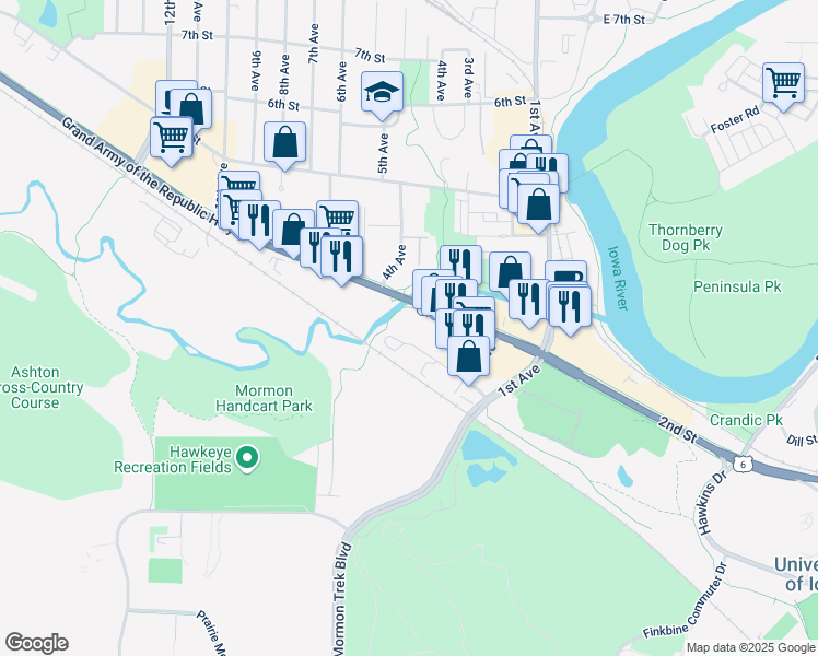 map of restaurants, bars, coffee shops, grocery stores, and more near 320 2nd Street in Coralville