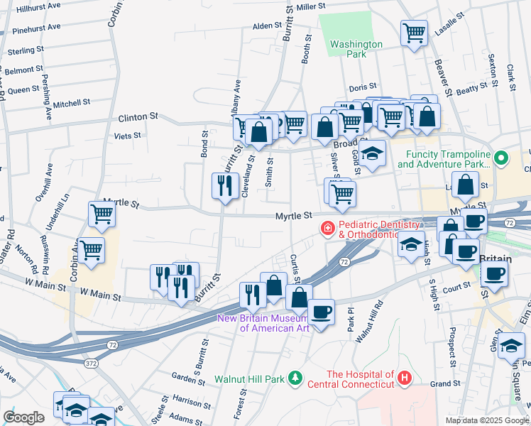 map of restaurants, bars, coffee shops, grocery stores, and more near 411 Myrtle Street in New Britain