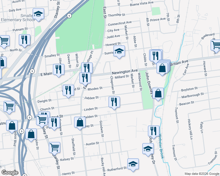 map of restaurants, bars, coffee shops, grocery stores, and more near 86 Rhodes Street in New Britain