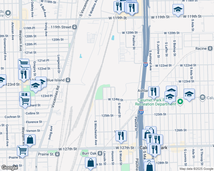 map of restaurants, bars, coffee shops, grocery stores, and more near 1835 West 123rd Street in Calumet Park