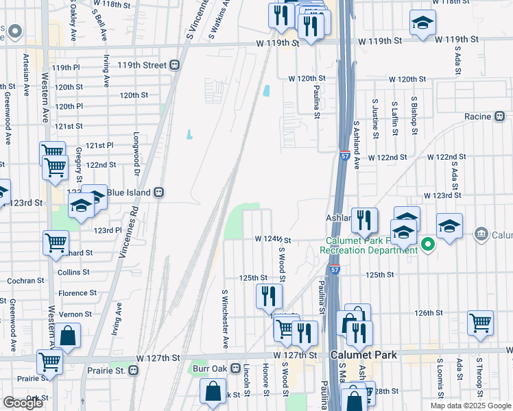 map of restaurants, bars, coffee shops, grocery stores, and more near 1835 West 123rd Street in Calumet Park